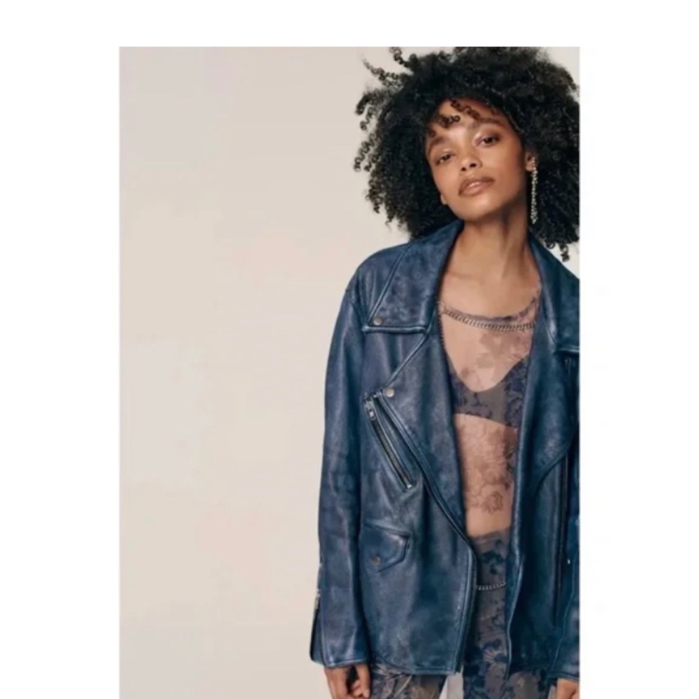 Free People, We The Free Jealousy Leather Moto Jacket in Rinsed Cobalt Size S